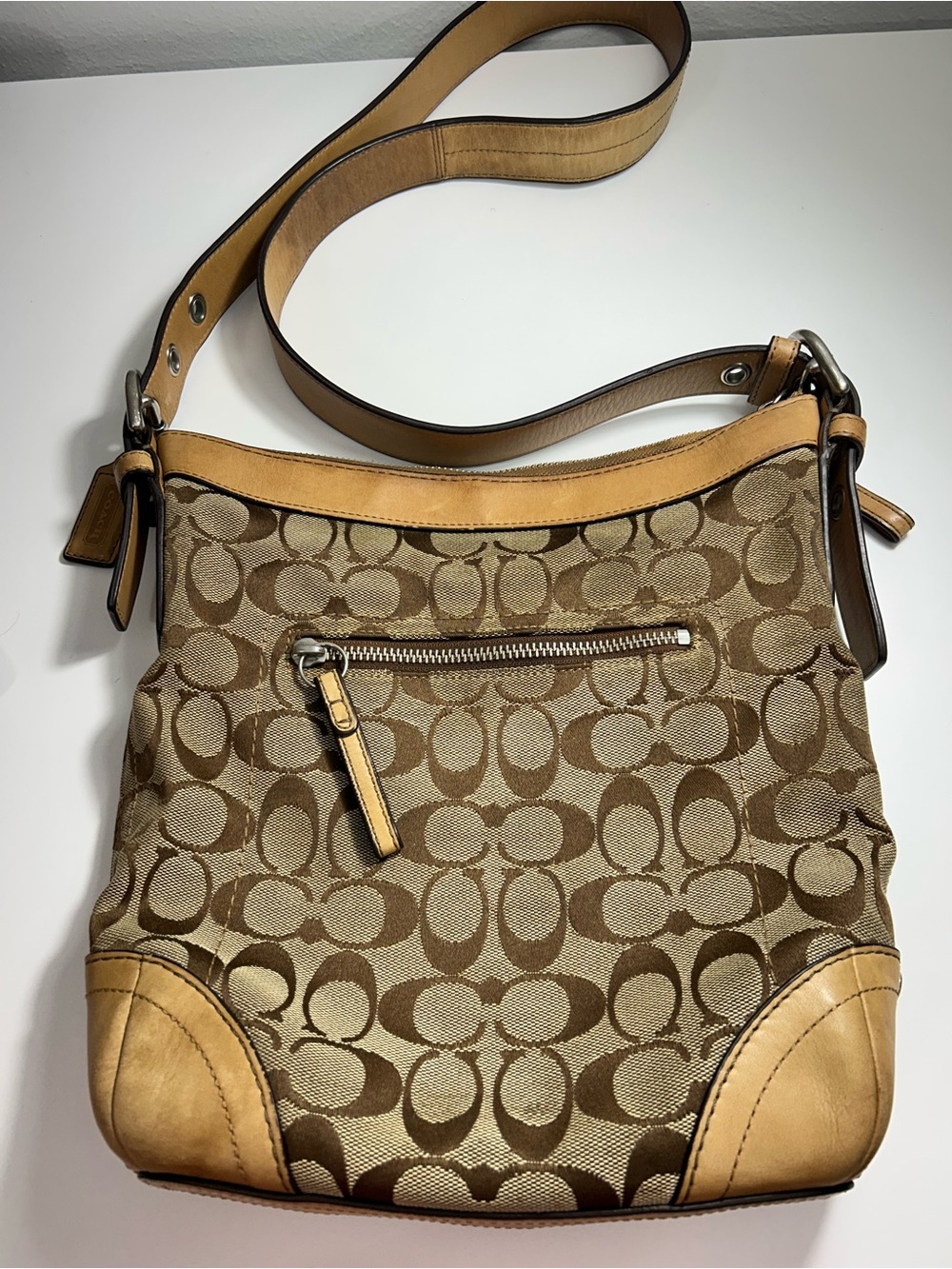 Coach Brown Signature Canvas Crossbody with Tan Leather Trim F12327